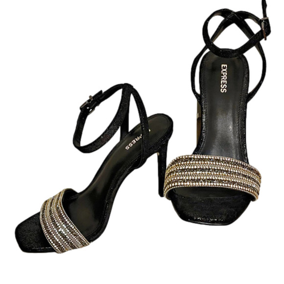 Express Shoes - Express Black Open Toe Black Heels with Rhinestones